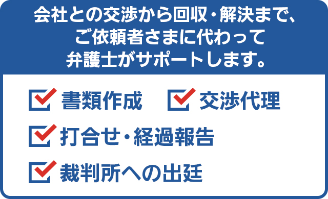 会社との交渉から回収・解決まで、ご依頼者さまに代わって弁護士がサポートします。