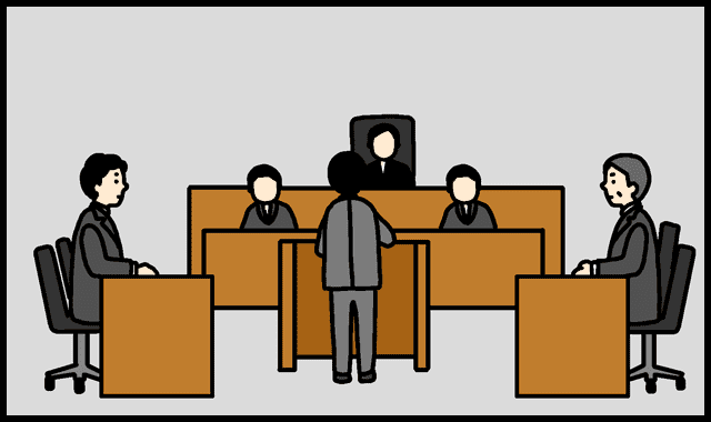 未払い残業代請求に関する訴訟の様子を描いたイラスト